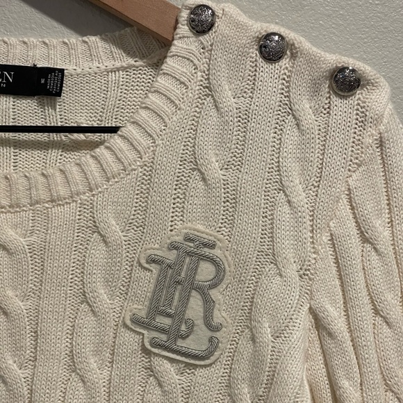 Ralph Lauren Off White Cable Knit Sweater, Crew Neck, Monogram,Silver Buttons, M - Picture 5 of 16